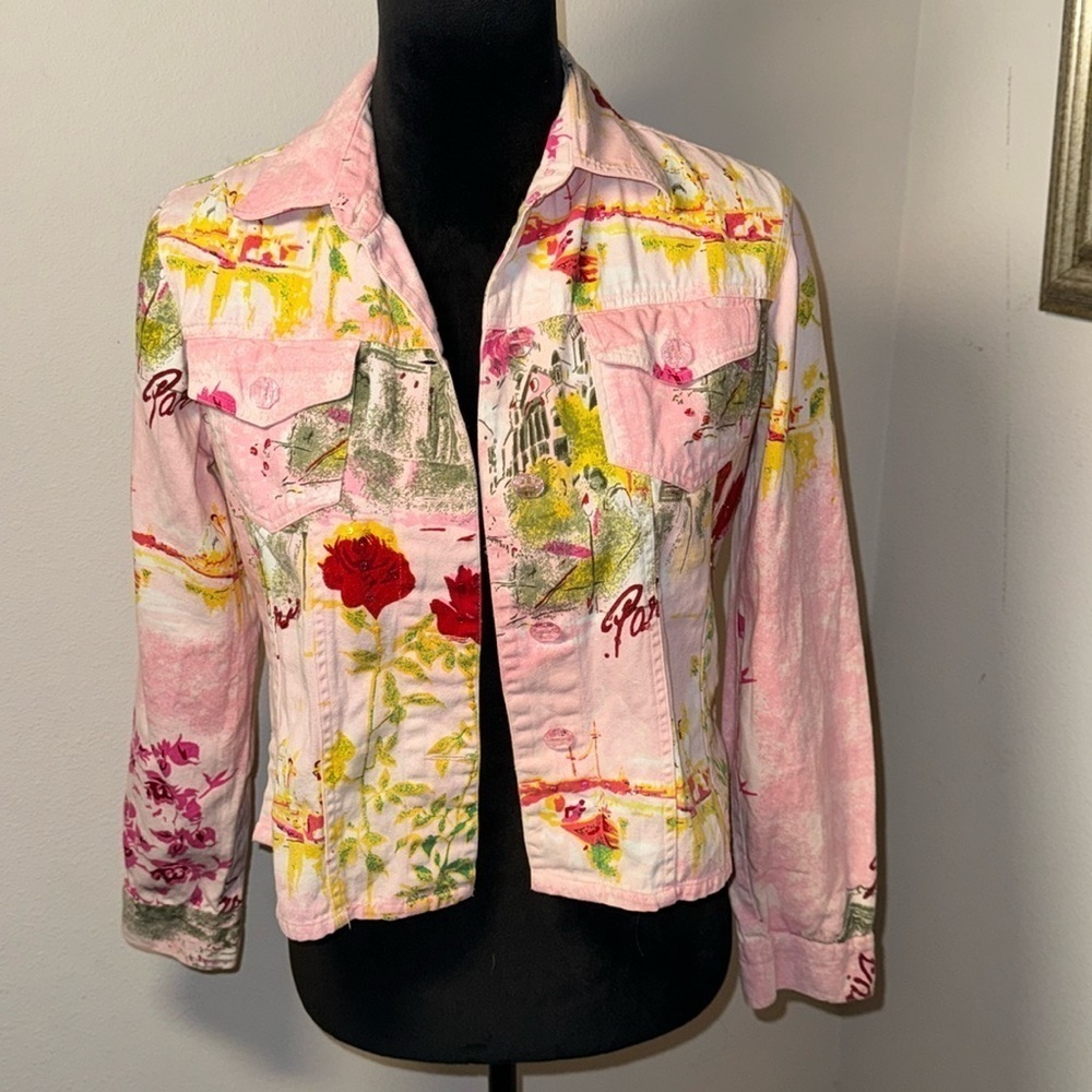 BB Jeans Sz S floral Paris print‎ embellished jeans jacket Sz S